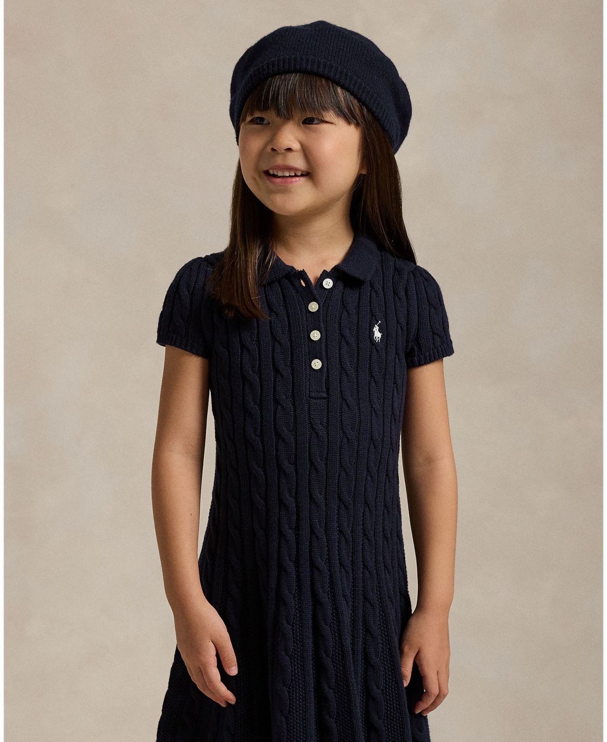 Polo Ralph Lauren Toddler and Little Girls Cable-Knit Cotton Polo Sweater Dress - RL Navy with Prch Cream