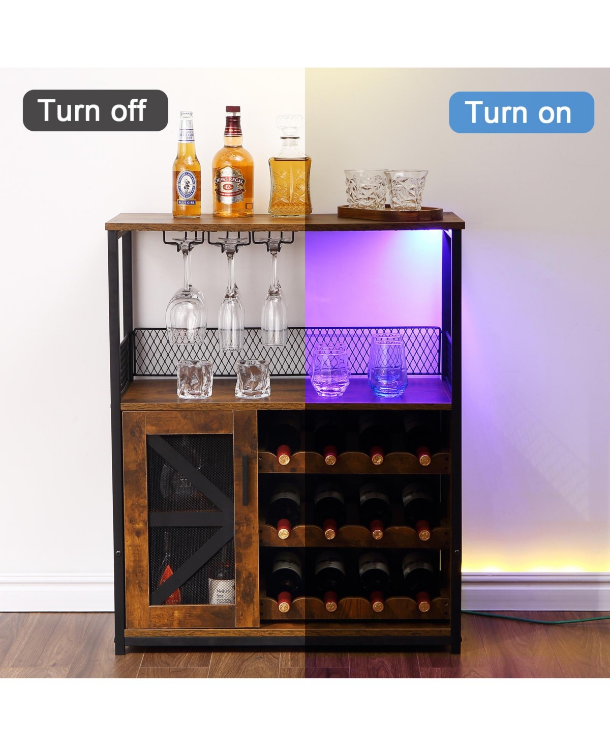 gaomon Bar Cabinet with Storage Shelf, Wine Cabinet with Light String, Glass Holder, and Buffet Mesh Door, Kitchen Sideboard Buffet Sidebo