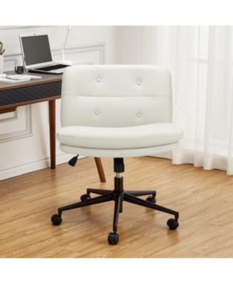 Office Chair with Wheels, Wide Seat Swivel Leather Armless Criss Cross Chair, 360° Height Adjustable Swivel Desk Chair, Modern Vanity Chair for Home, Office, Make Up, Ivory