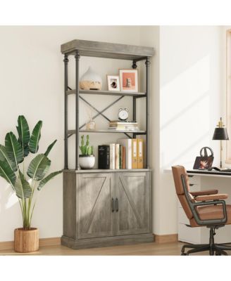 Tall Bookshelf with Doors Industrial Storage Open Rack Shelf