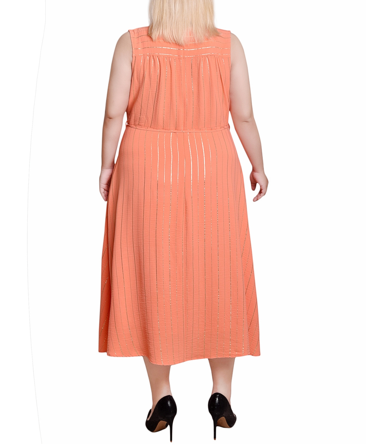 Ny Collection Plus Size Sleeveless Surplice Vertical Stripe Dress In Dark Coral Gold