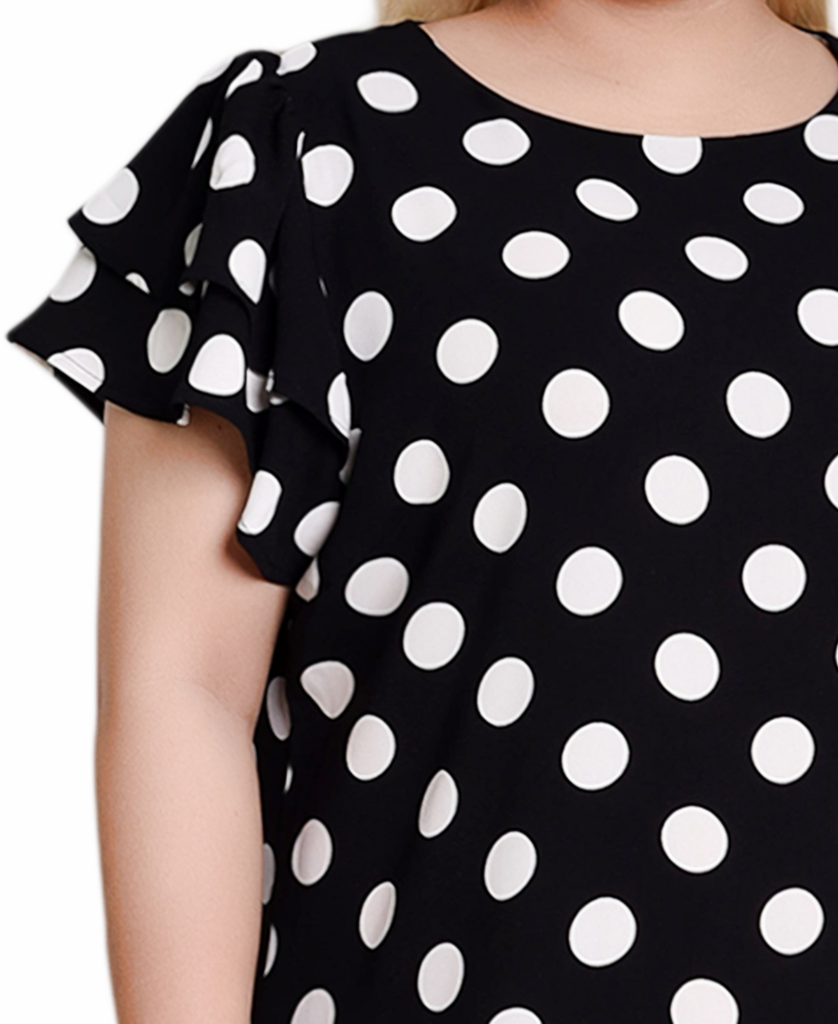 Ny Collection Plus Size Double Layer Flutter Sleeve Dress In Black,white Big Dot