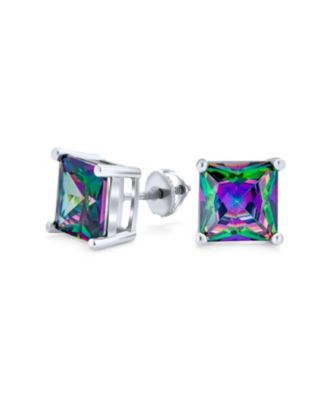 Square Black Mystic Rainbow Princess Cut Cubic Zirconia Cz Stud Earrings .925 Sterling Silver Screw Back