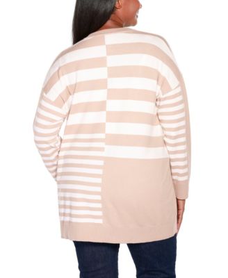 Plus Size Black Label Color Blocked Variegated-Stripe Cardigan Sweater