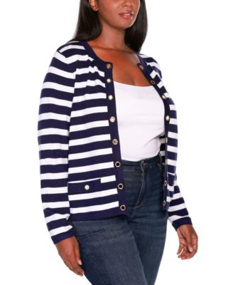 Plus Size Black Label Nautical Stripe Open-Front Cardigan Sweater