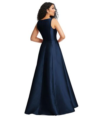 Plus Size Boned Corset Closed-Back Satin Gown with Full Skirt and Pockets