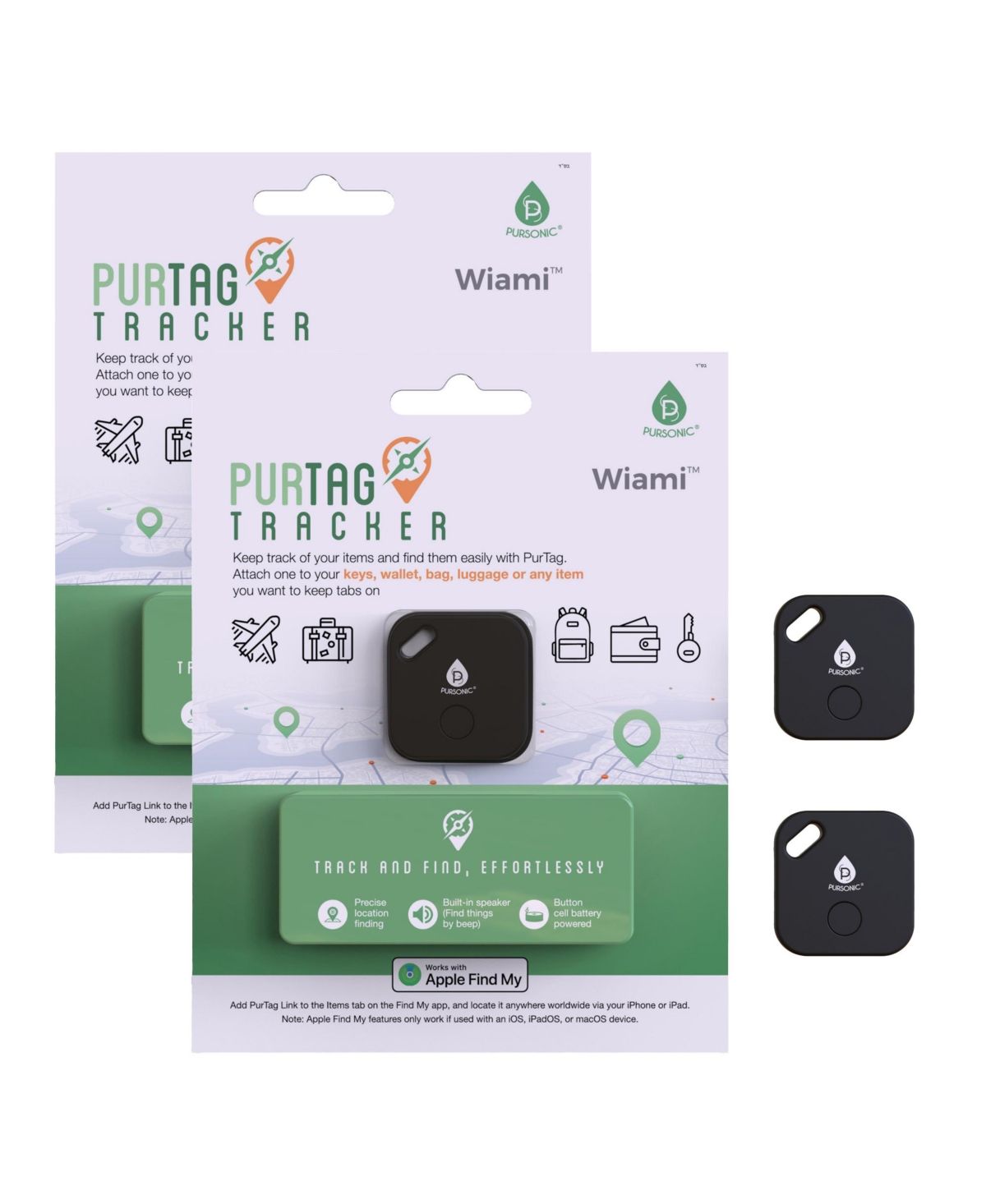 Pursonic 2 Purtag Trackers - Ultimate Solution for Keeping Tabs on Your Belongings - Black