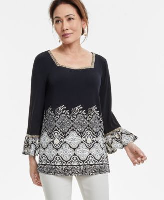 JM Collection - Women's Winding Elegance Ruffled-Cuff Top