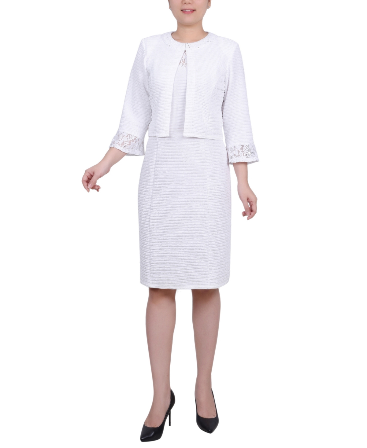 Ny Collection Petite Two Piece Jacket And Dress Set In White