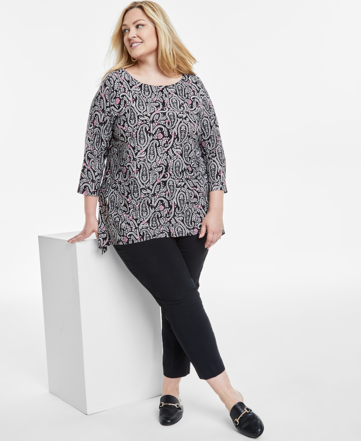 JM COLLECTION PLUS SIZE PRINTED JACQUARD SWING TOP, EXCLUSIVELY AT MACY'S 
