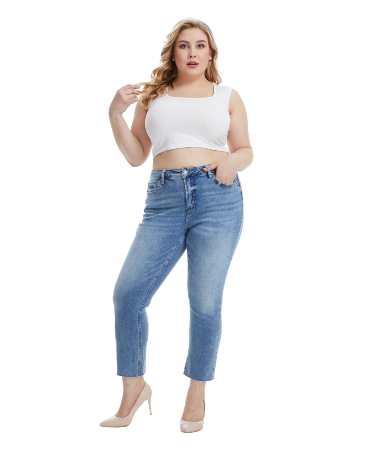 Bayeas Plus Size Mid Rise Skinny Jeans Ankle Raw Hem