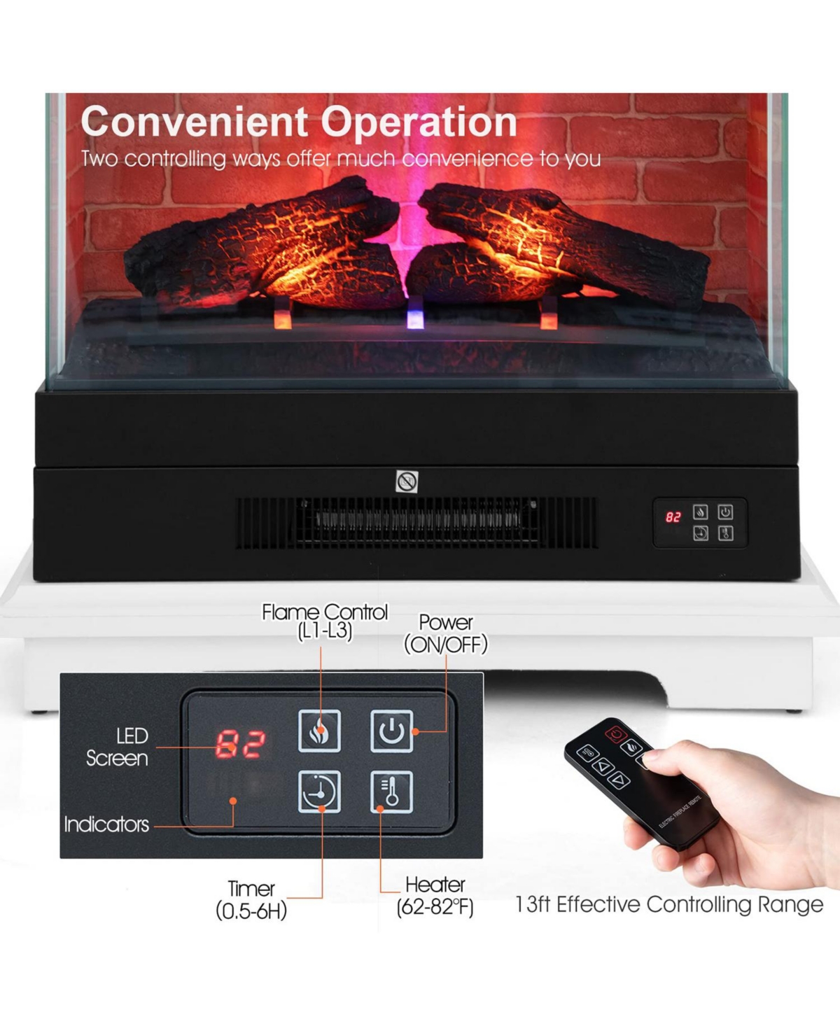 Sugift 27 Inch Freestanding Electric Fireplace with 3-Level Vivid Flame Thermostat- Black