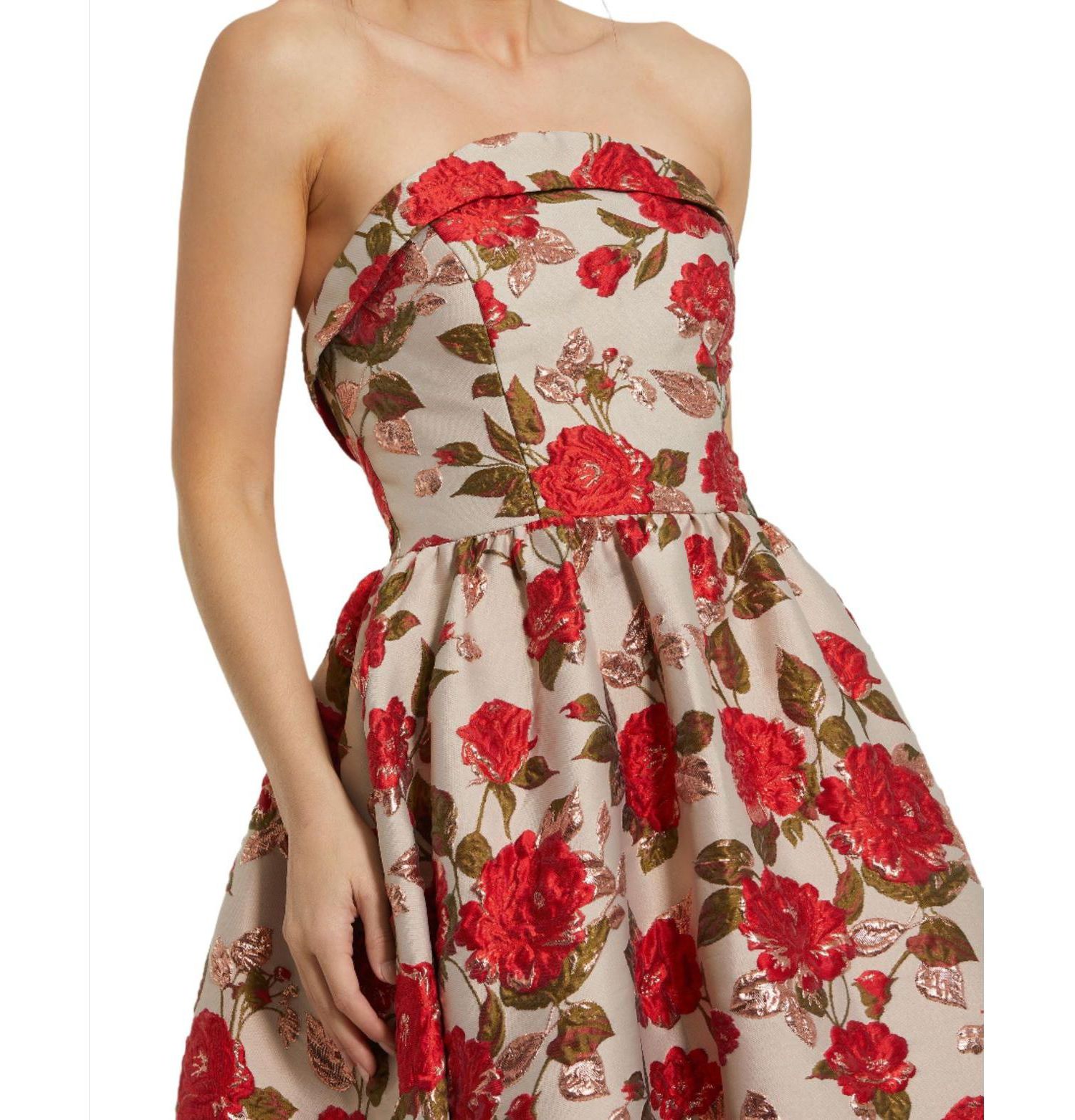 Women's Brocade Strapless Floral Gown With Ruffle Hem