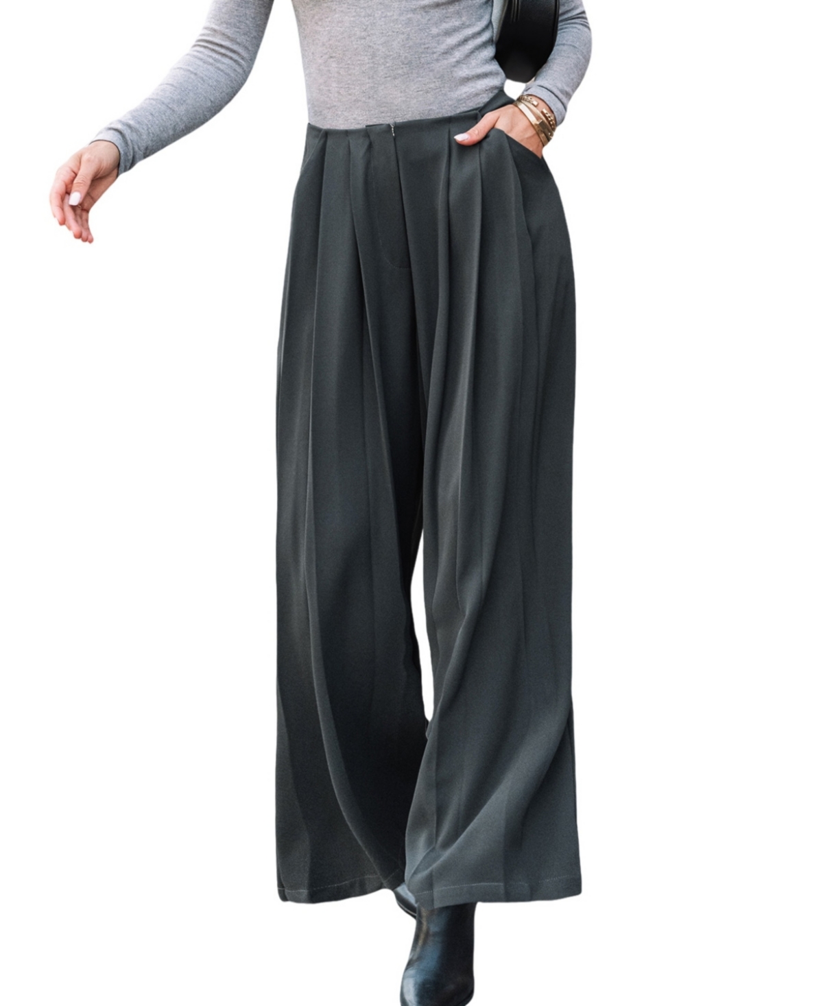 Women's Pleated Straight Leg Pants - Grey