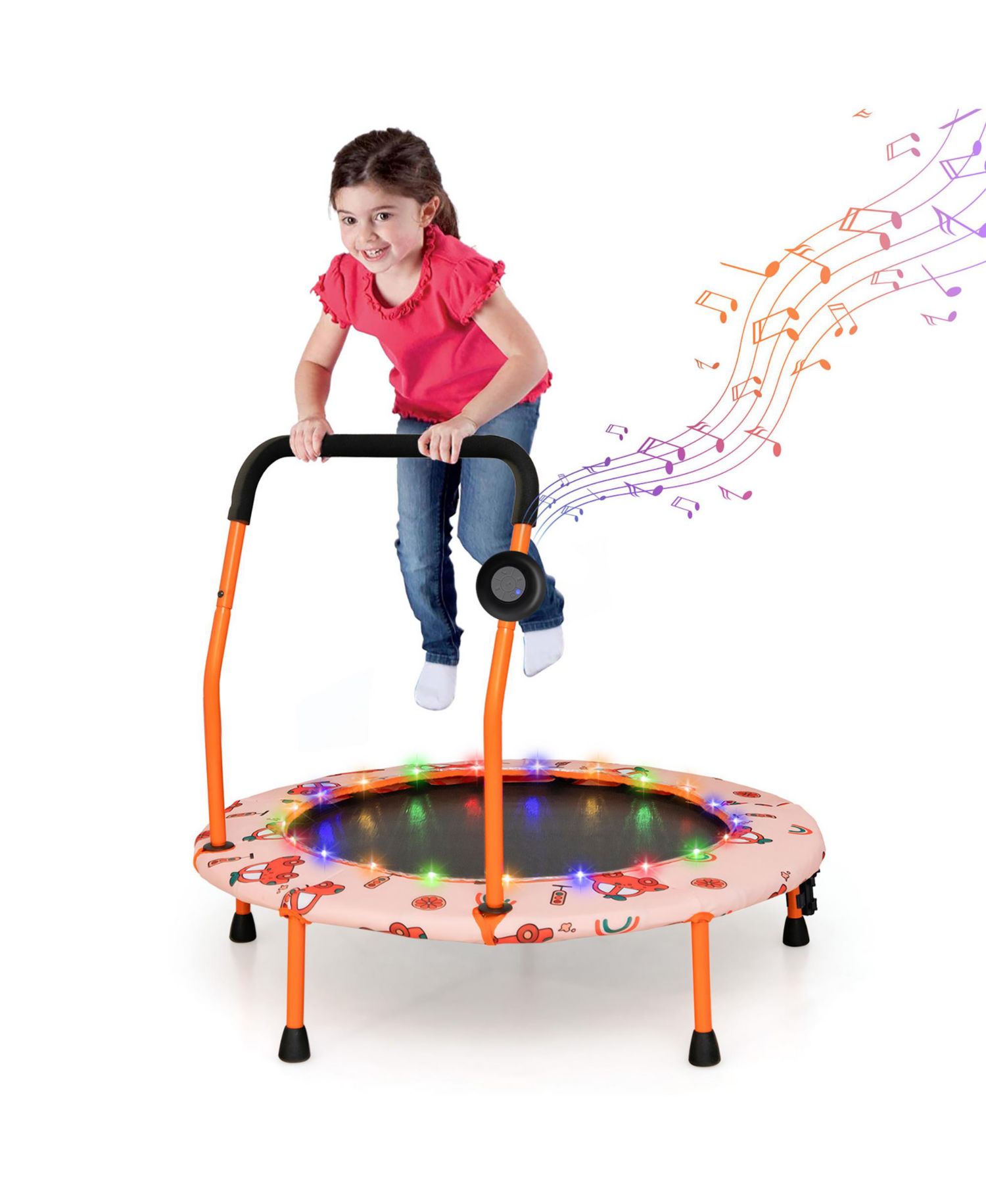 36'' Mini Toddler Trampoline w/ LED Bluetooth Speaker Detachable Handle Kids Gifts