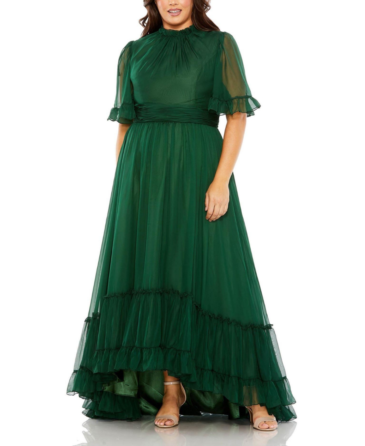 Mac Duggal Plus Size High Neck Flutter Sleeve Ruffle Tiered High Low Gown
