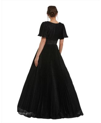 Women's Pleated Shimmering Georgette Flutter Sleeve Gown