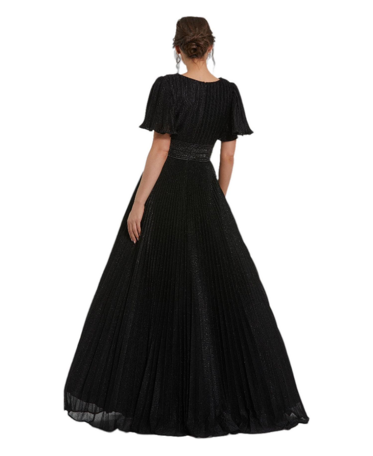Women's Pleated Shimmering Georgette Flutter Sleeve Gown