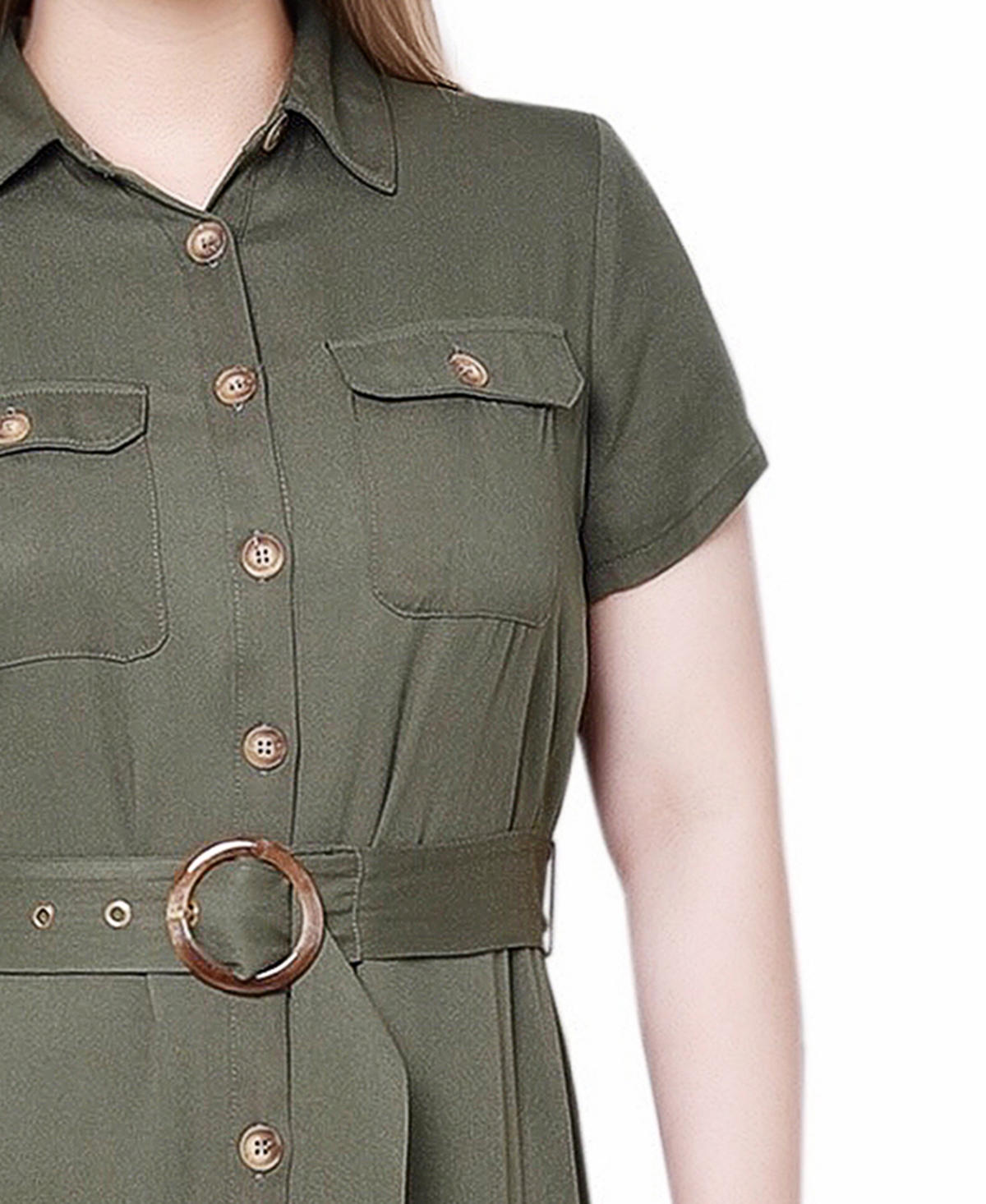 Ny Collection Petite Short Sleeve Midi Twill Dress In Dark Olive