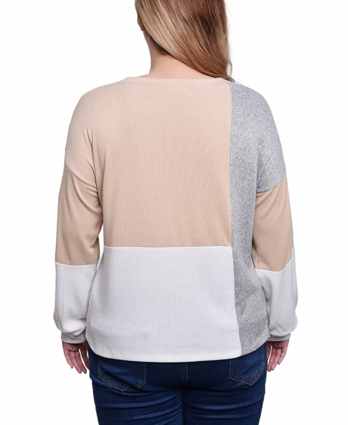 Ny Collection Petite Long Sleeve Colorblocked Boat Neck Top In Tan Ivory Grey