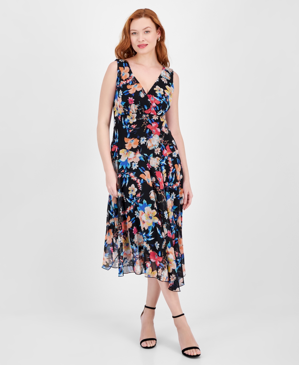 Women's Floral Chiffon Asymmetric Midi Dress - Blk