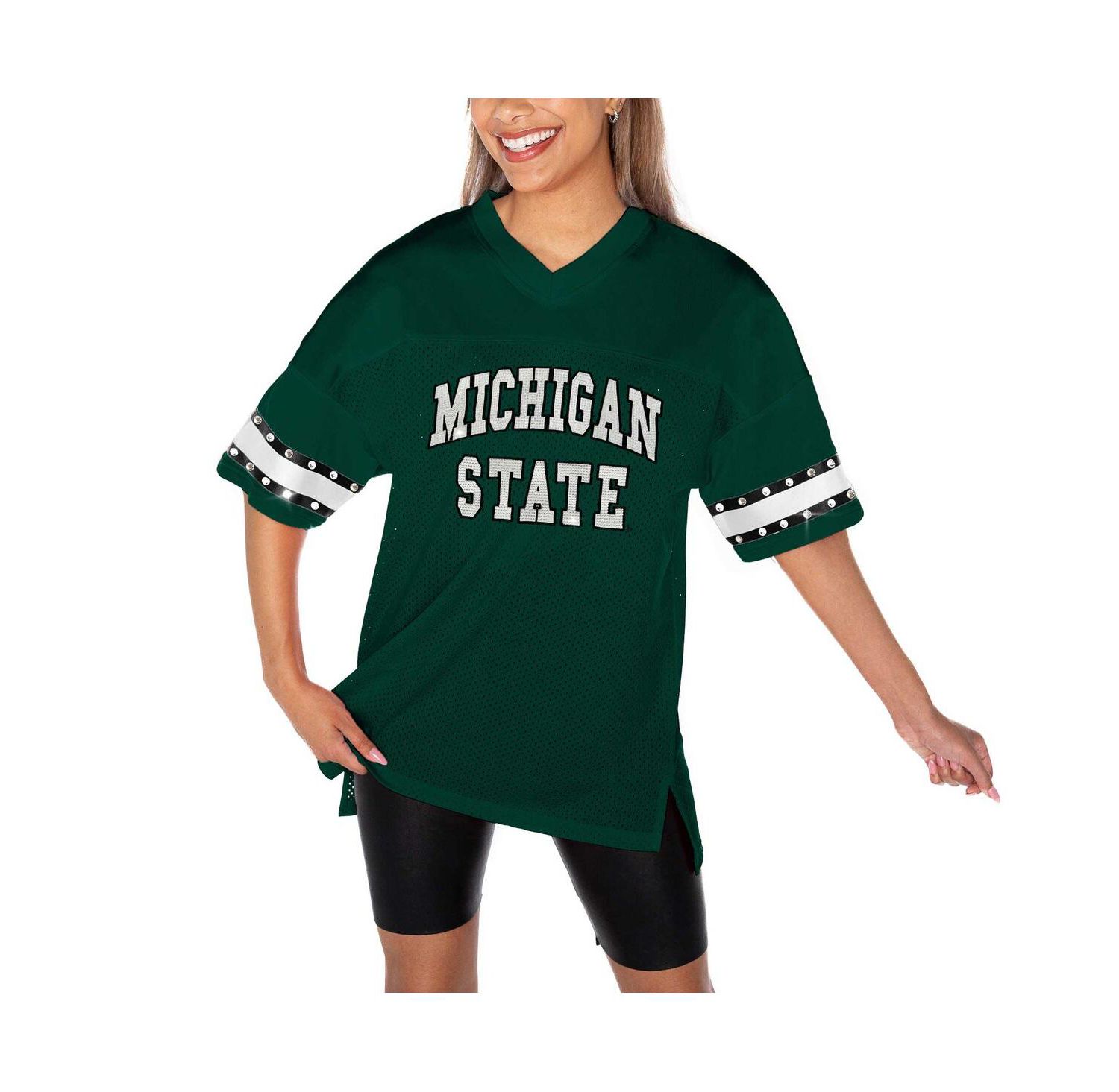 Women's Green Michigan State Spartans Until Kickoff Rhinestone Fashion T-Shirt