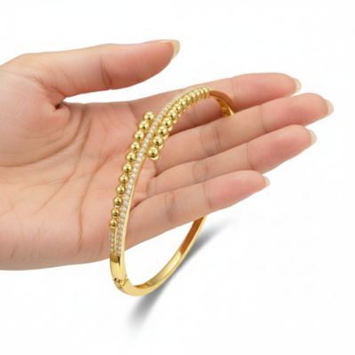 Women's 14K Gold Plated Milgrain Ball-Bead Bypass Bangle Bracelet