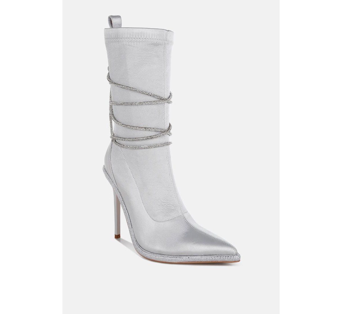 London Rag Dacia Rhinestones Strap Satin Calf Boots