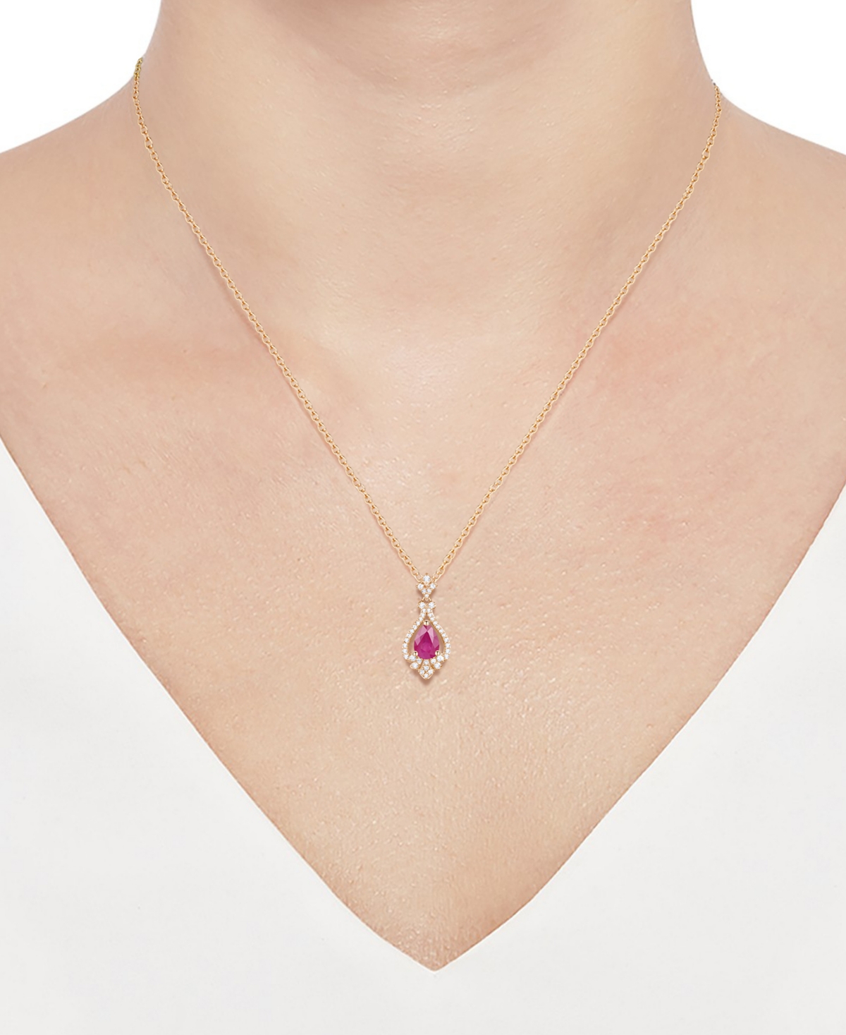 Macy's Emerald (5/8 Ct. T.w.) & Diamond (1/5 Ct. T.w.) Pear Halo 18" Pendant Necklace In 14k Gold (also In In Ruby