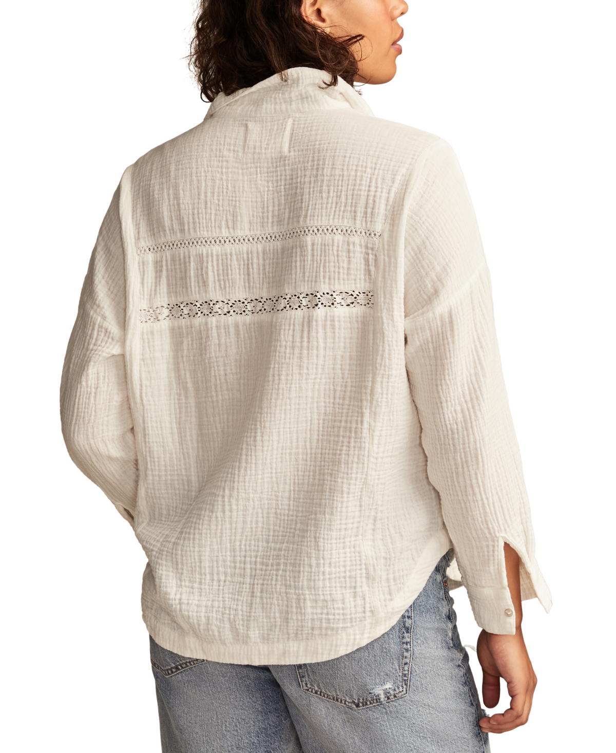 Lucky Brand Women's Lace-trim Gauze Shirt In Whisper White