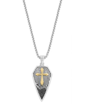 EFFY&reg; Men's Black Zircon (1/8 ct. t.w.) Cross Shield 22" Pendant Necklace in Sterling Silver & 18k Yellow Gold Over Sterling Silver  