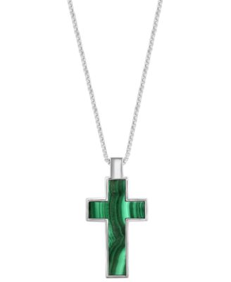 EFFY&reg; Men's Malachite Square Cross 22" Pendant Necklace in Sterling Silver