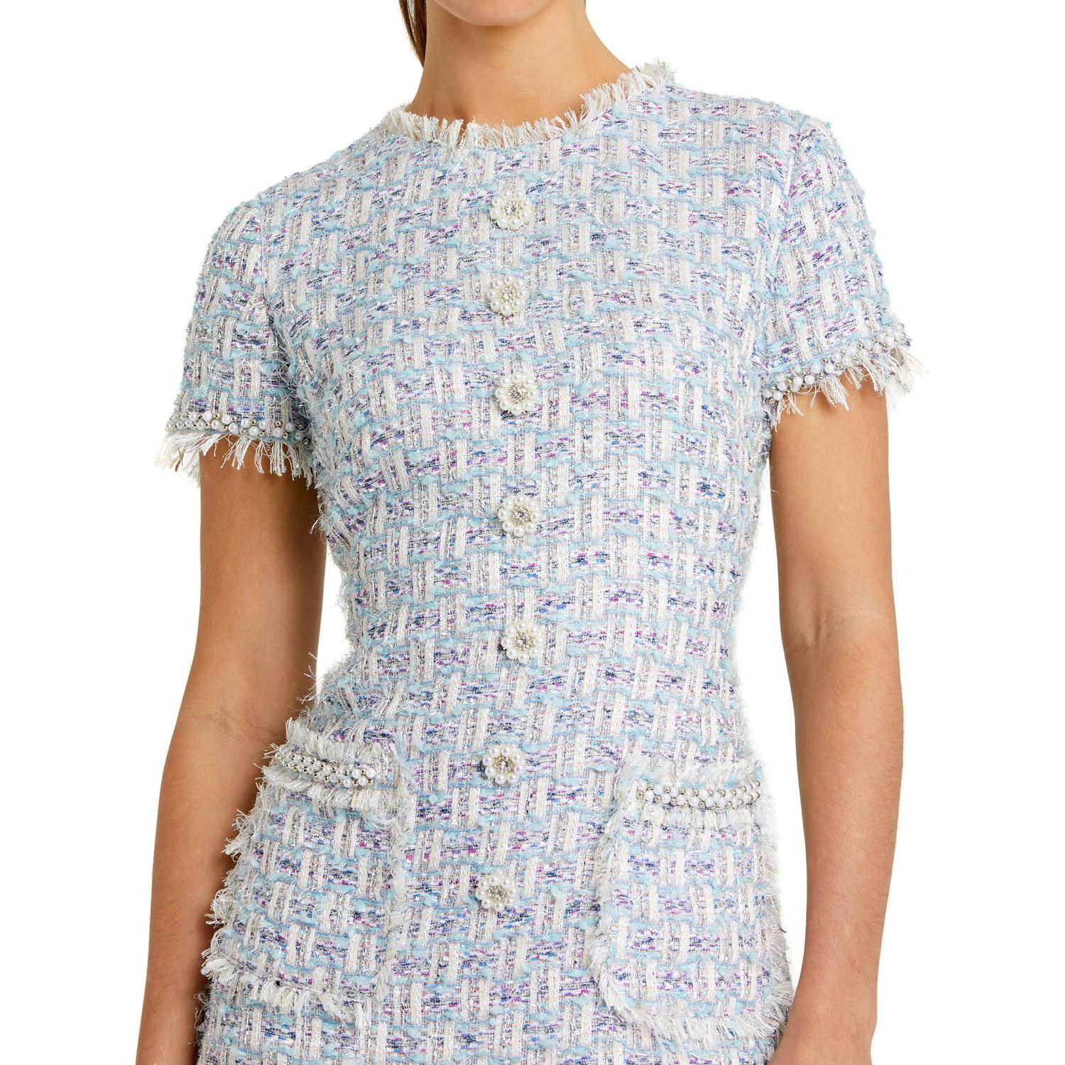 Women's Floral Buttons and Pearl Detailing Boucle Shift Dress