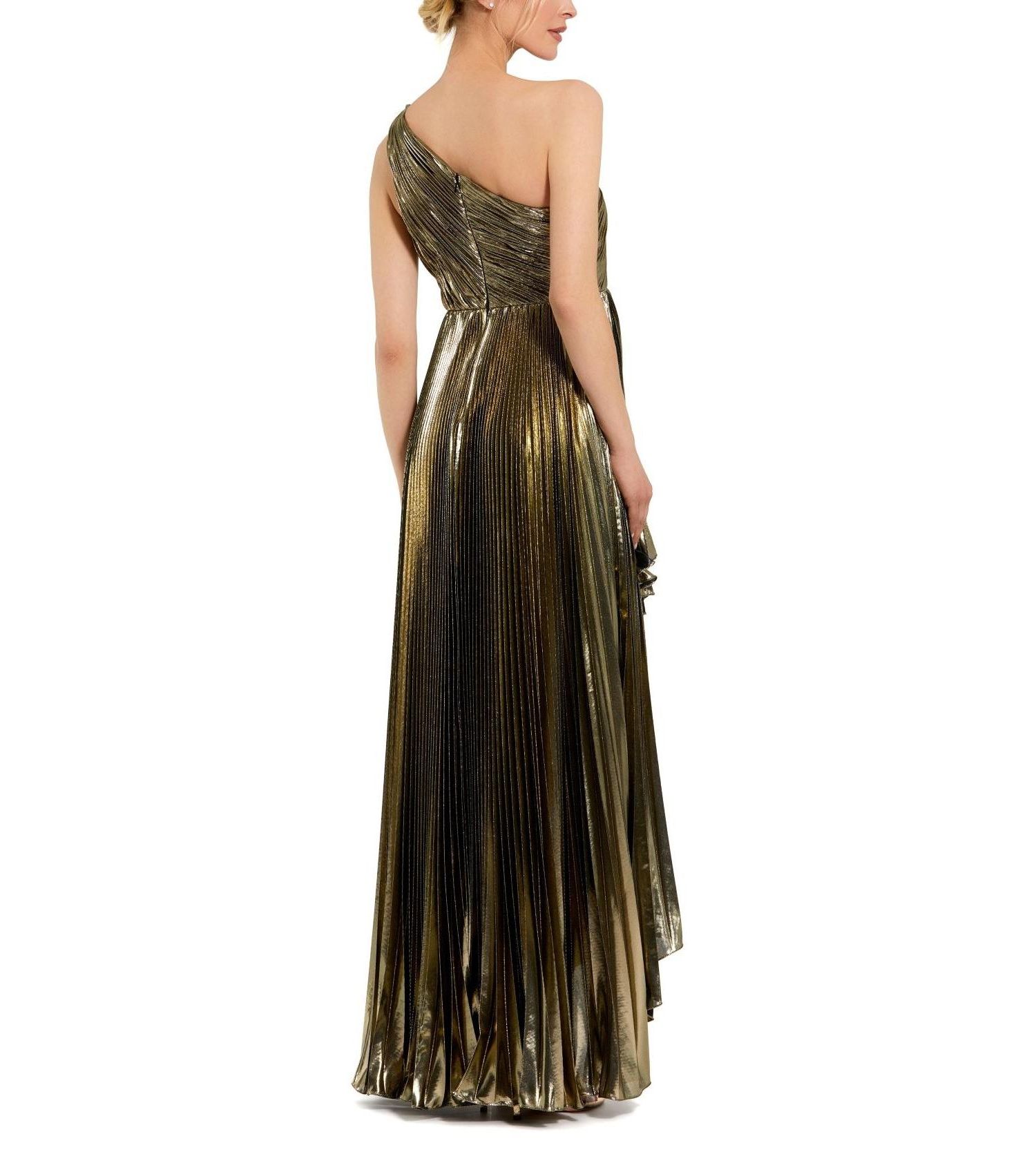 Women's Pleated Metallic One Shoulder High Low Gown
