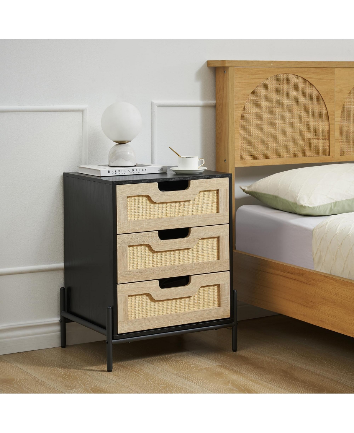 gaomon Nightstand Set of 2, Rattan End Table, Nightstands with 3 Natural Rattan Drawers