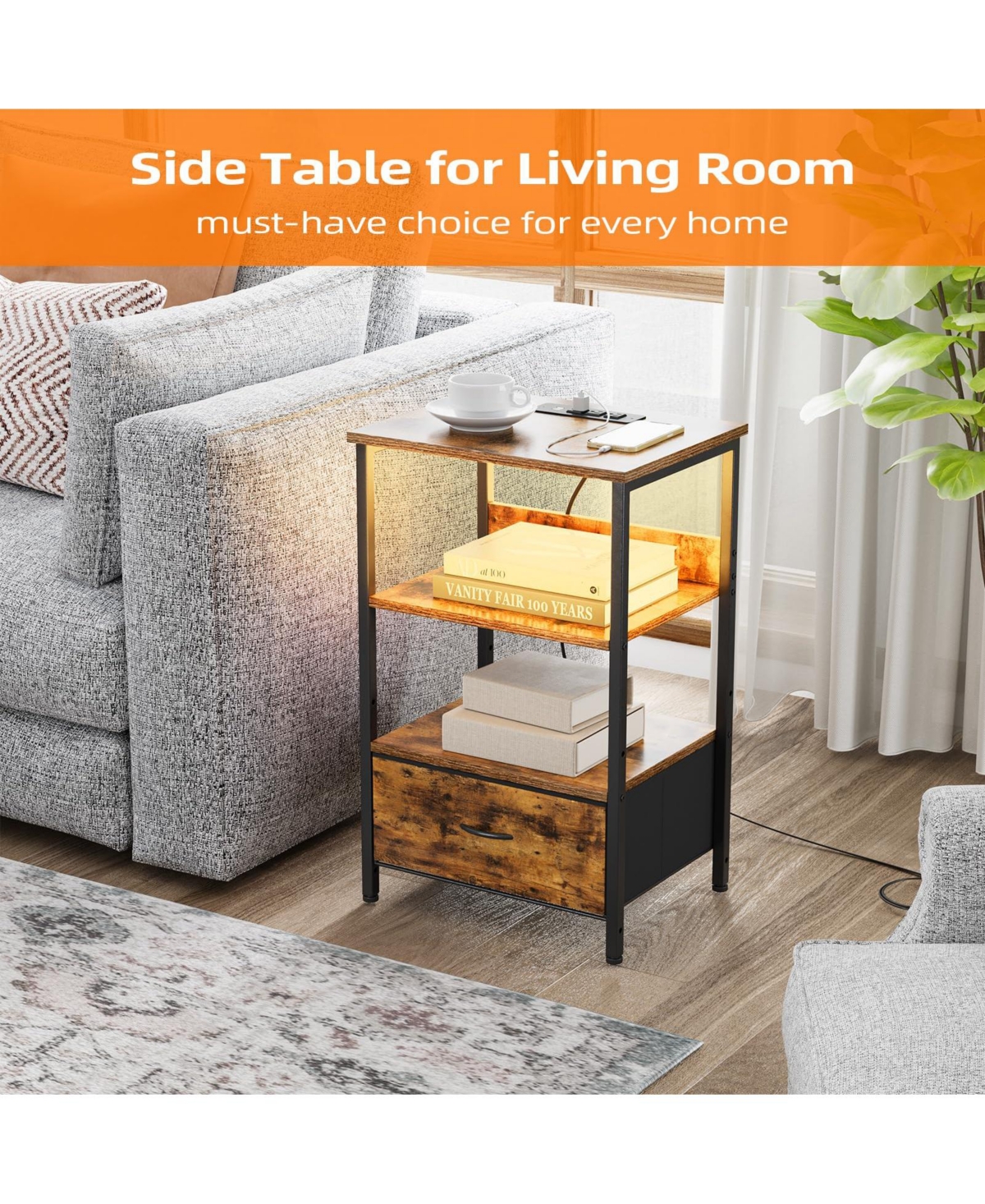 gaomon Nightstand Set of 2 with Charging Station and Led Lights