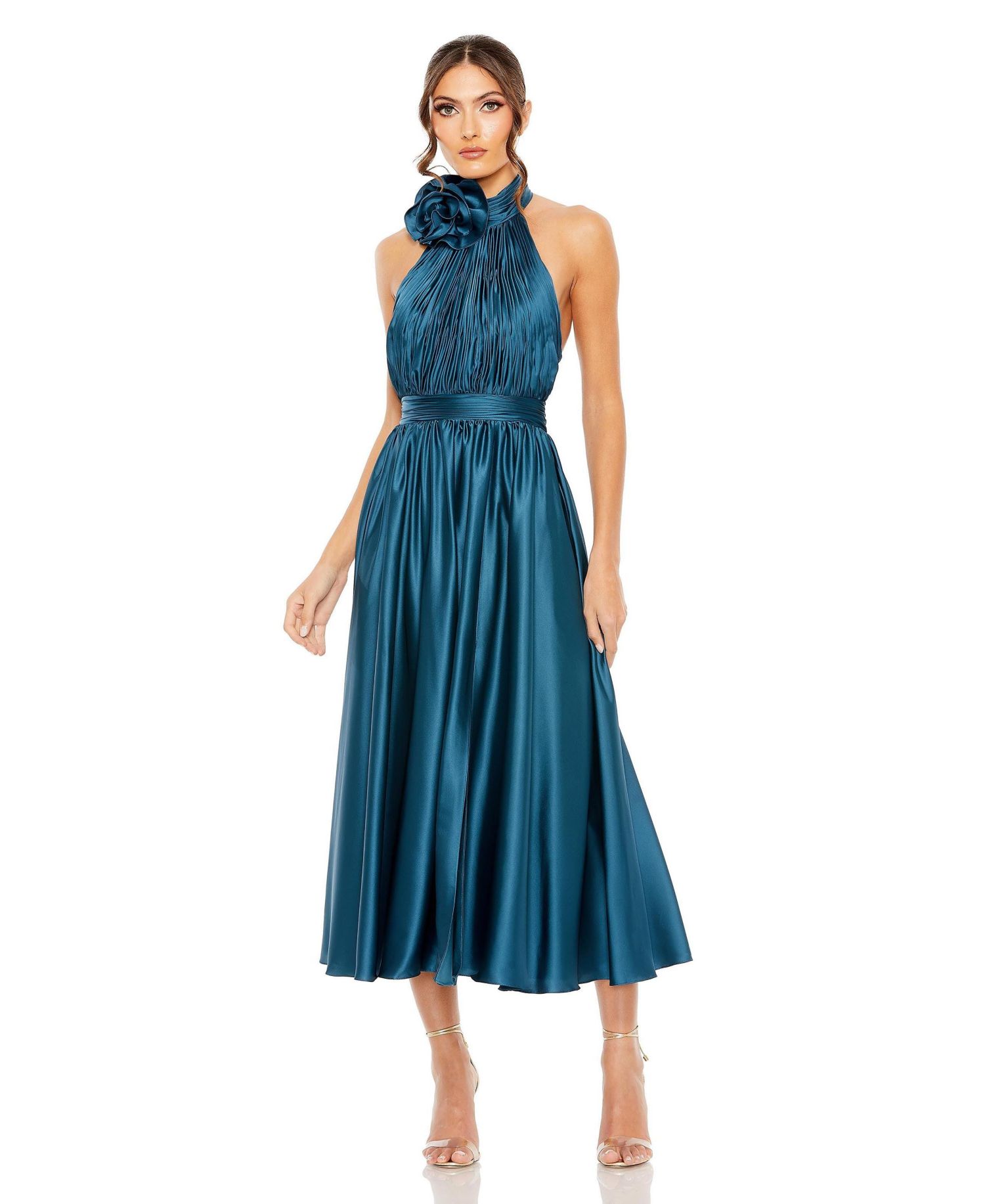 Women's Pleated Charmeuse High Neck Sleeveless Midi Dress