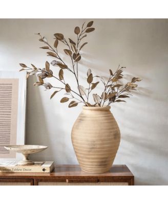 Rustic Terracotta Vase with Ribbed Texture, 15'' Tall Brown Accent for Shelves & Tabletops