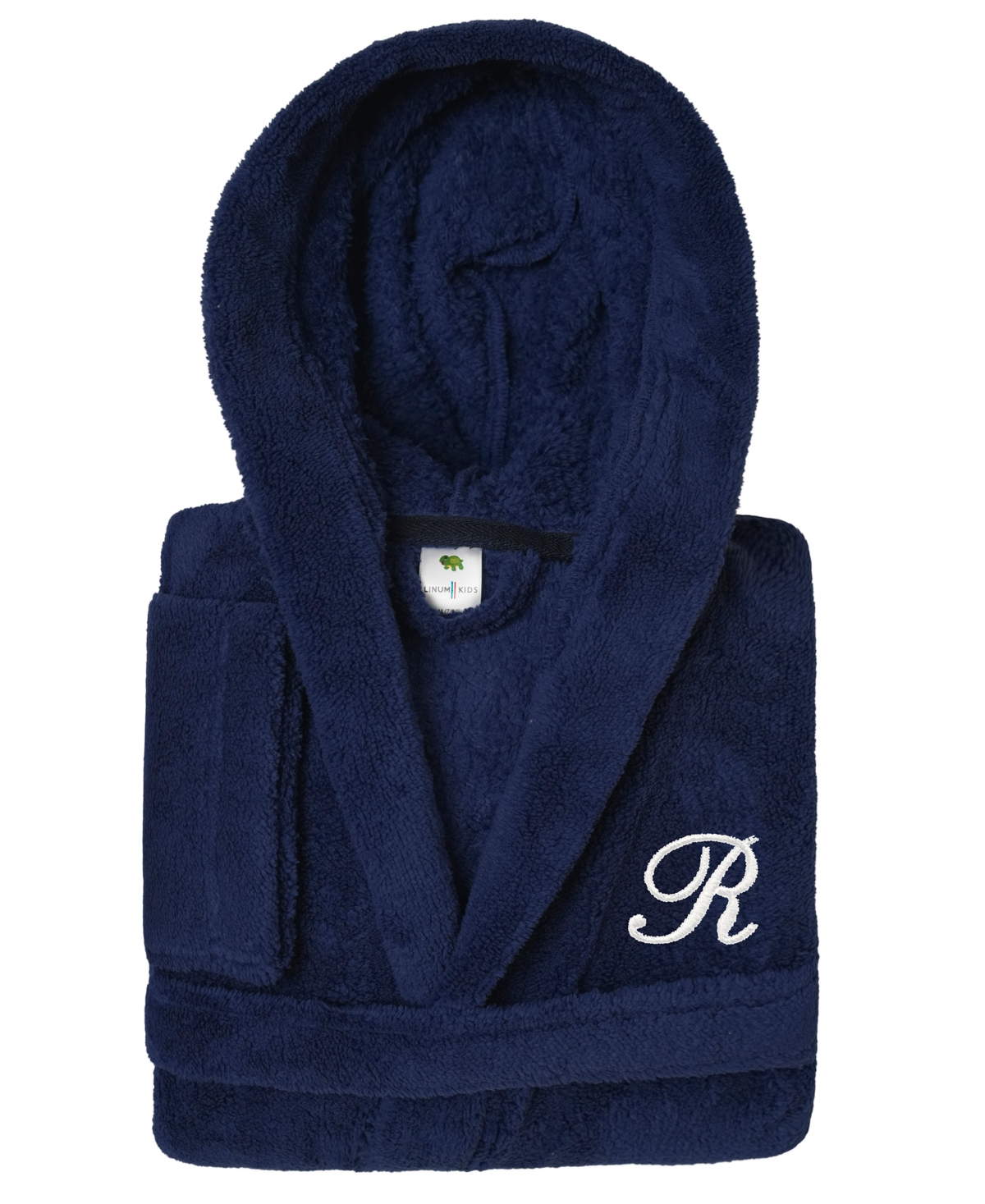 Linum Home Personalized Kids Super Plush Hooded Bathrobe In R Navy,white