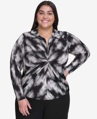 DKNY - Plus Size Printed Collared Twist-Front Top