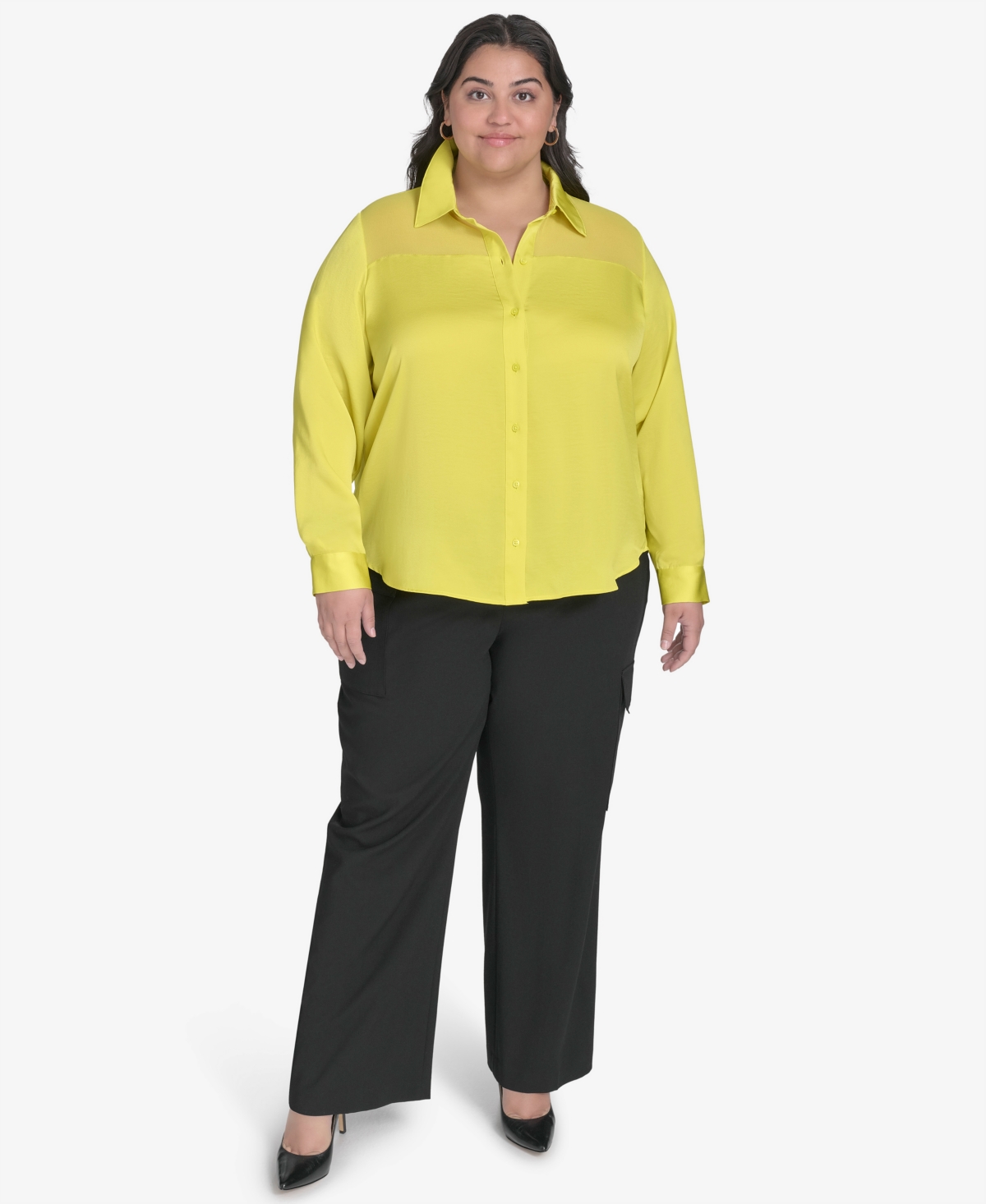Shop Dkny Plus Size Mixed-media Blouse In Acid Yellow