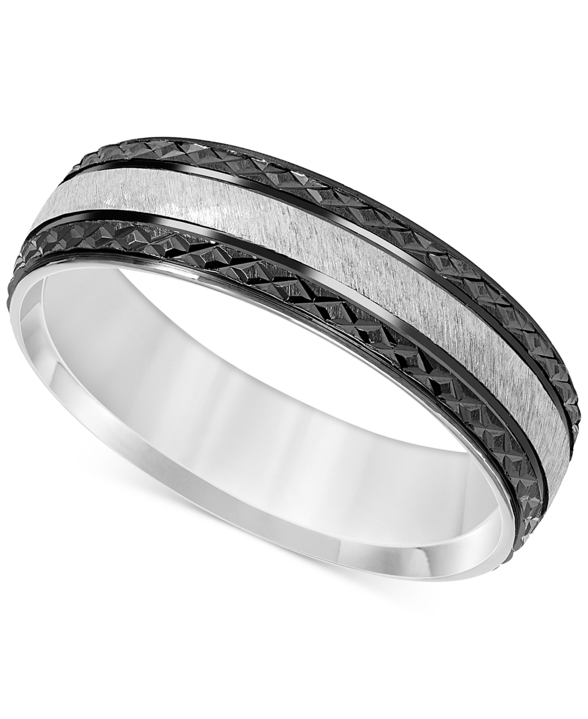 Men's Engraved Two-Tone Wedding Band in Sterling Silver & Black Rhodium-Plate - Silver  Black