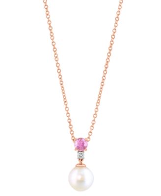 EFFY&reg; Cultured Freshwater Pearl (7-1/2mm), Pink Sapphire (1/4 ct. t.w.) & Diamond Accent 18" Pendant Necklace in 14k Rose Gold