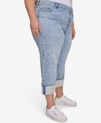 Plus Size Mid-Rise Crystal Cuffed Jeans, Exclusively at Macy's