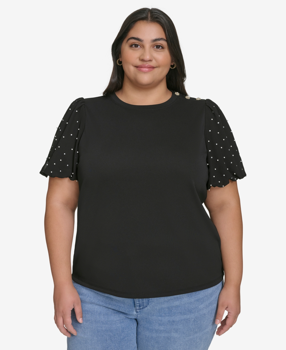 KARL LAGERFELD PLUS SIZE EMBELLISHED PUFF-SLEEVE T-SHIRT, EXCLUSIVELY AT MACY'S 