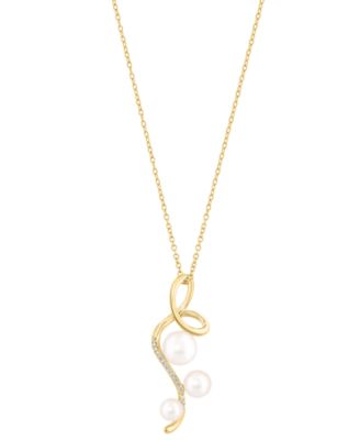 EFFY&reg; Cultured Freshwater Pearl (4 - 6-1/2mm) & Diamond (1/20 ct. t.w.) Triple Pearl Spiral 18" Pendant Necklace in 14k Gold