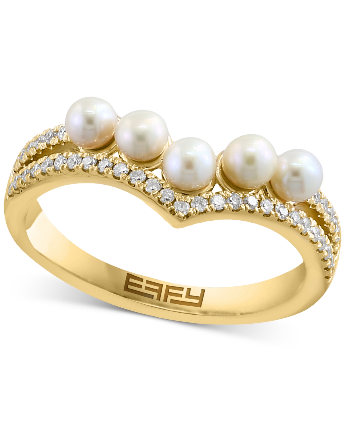 Effy Cultured Freshwater Pearl (3mm) & Diamond (1/5 ct. t.w.) Double Row Chevron Ring in 14k Gold - Gold