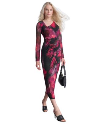 DKNY - Women's Asymmetric Ruched Printed-Mesh Dress