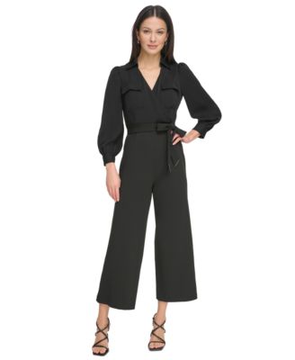 DKNY - Women's Collared Tie-Waist Long-Sleeve Jumpsuit