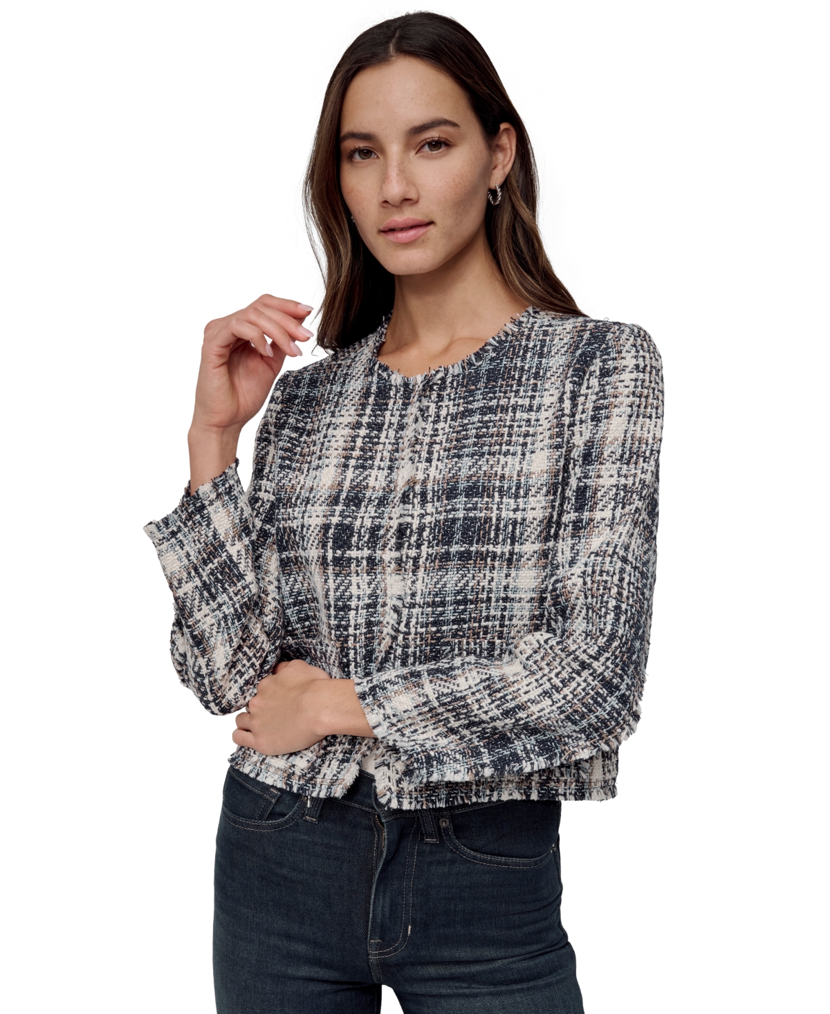 DKNY JEANS WOMEN'S FRAYED CROPPED LONG-SLEEVE JACKET 